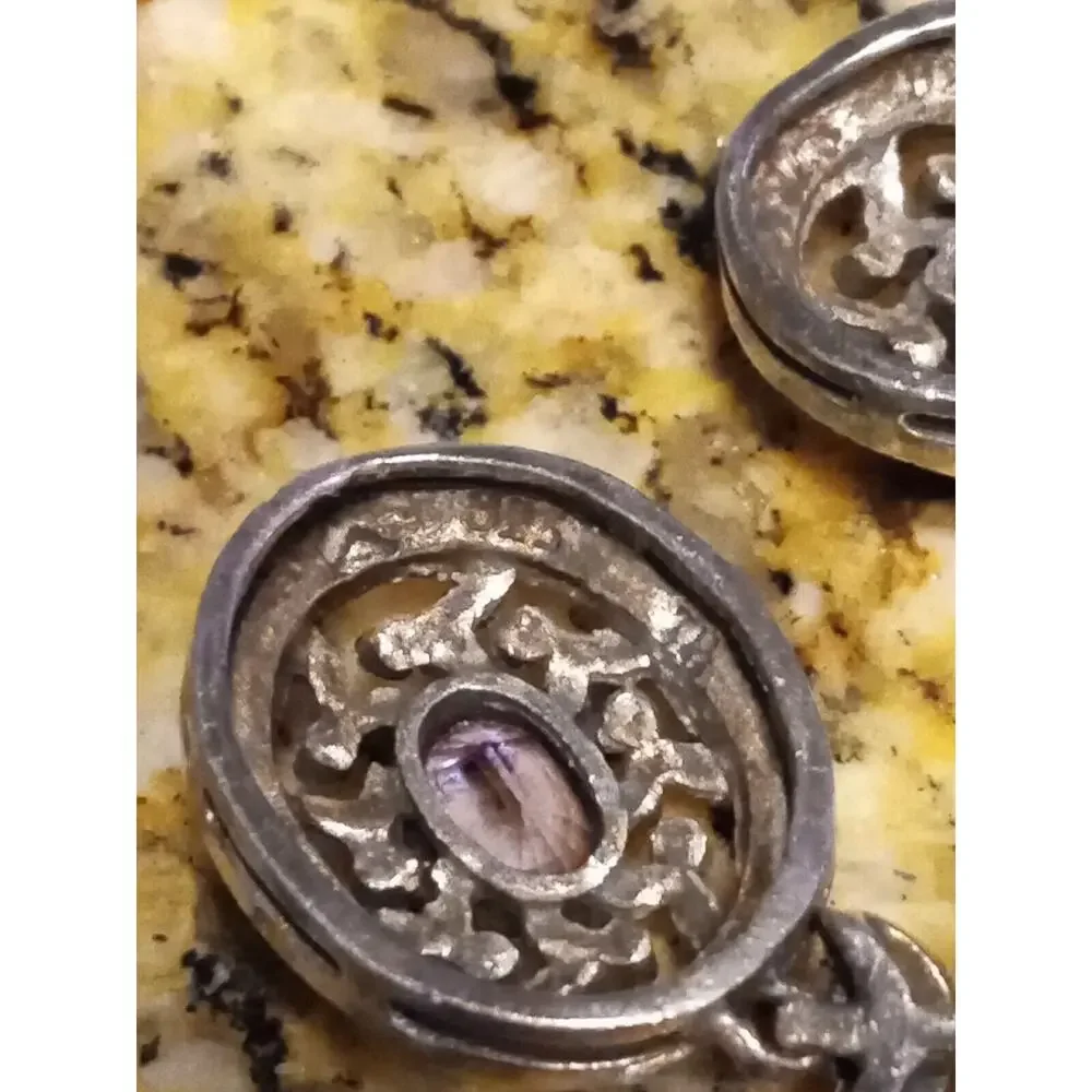 925 Silver - Vintage Victorian Amethyst & Marcasite Dangle Earrings